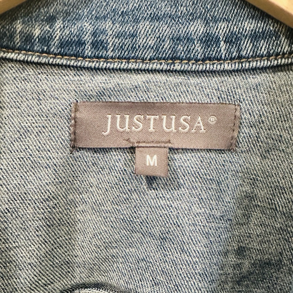 Just‎ USA Boutique Women Distressed Blue Staircase Hem Jean Jacket Button Up-Med - Picture 4 of 13